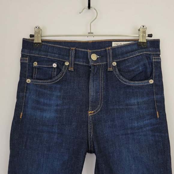 Rag & Bone 10" High Rise Skinny Ankle Raw Hem Jean in Mad River, Dark - Picture 3 of 11